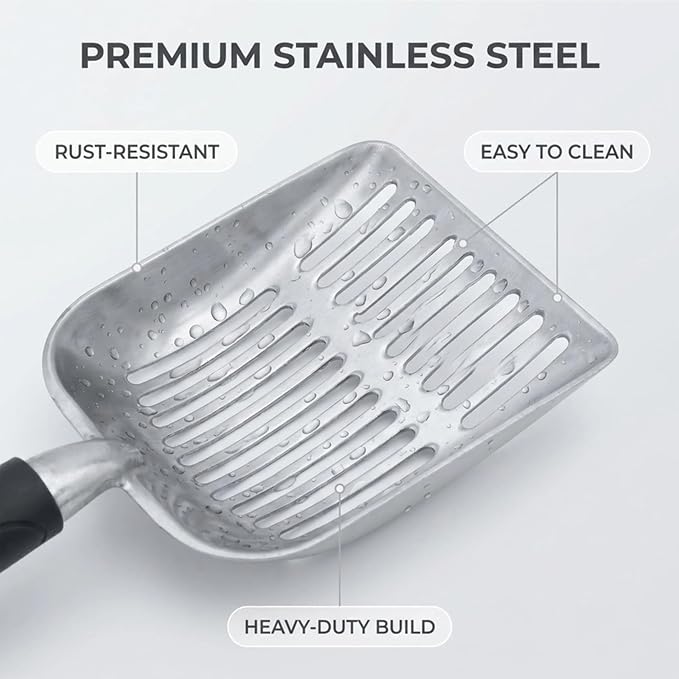 4-in-1 Cat Litter Scoop with Holder, Metal Litter Scoop Includes Portable Small Broom and Dustpan Set, Heavy Duty Stainless Steel Kitty Litter Scooper (Black)