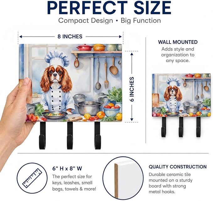 Caroline's Treasures Cavalier Spaniel The Chef Leash or Key Holder Wall Hooks, Key Hooks Holder, Coat Rack Wall Mount, Coat Hooks, Hooks for Hanging Keys, Towels, Aprons, Leashes | Cavalier Spaniel The Chef artwork on ceramic tile with three steel hook...