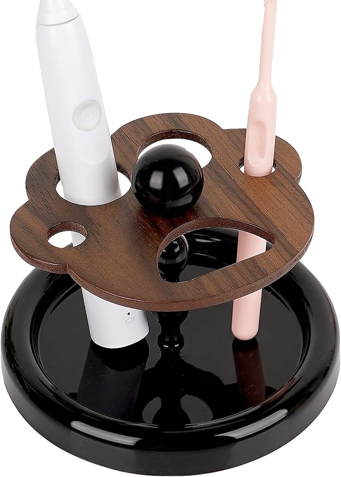 Wooden Cat Paw Toothbrush Holder - 5-Slot DIY Electric Toothbrush Stand & Makeup Brush Organizer - Walnut Finish Decorative Vanity Caddy (Brown)