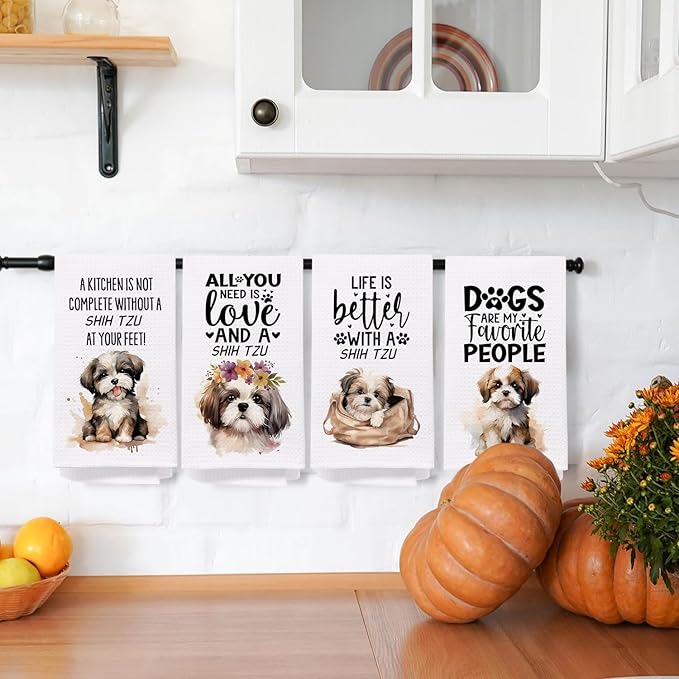 SPBL&L Shih Tzu Dog Kitchen Towels Set of 4, Shih Tzu Gifts for Women, Shih Tzu Decor Tea Dish Towels for Kitchen, Shih Tzu Decorative Hand Towels for Bathroom, 16x24 Inches