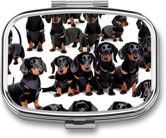 Metal Pill Organizer 2 Compartment Travel Pill Case with Mirror Waterproof & Leak-Proof Dachshund Weiner Pet Dog Pill Boxes for Daily Meds Vitamins Supplements Fits in Purse Pocket Bag