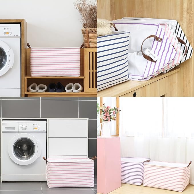 Hinwo 31L Large Canvas Storage Bin with Lid and Handles | Collapsible Fabric Basket, Closet Shelf Organizer, Container for Clothing, Blankets, Toys, Bedding (Pink Stripe)