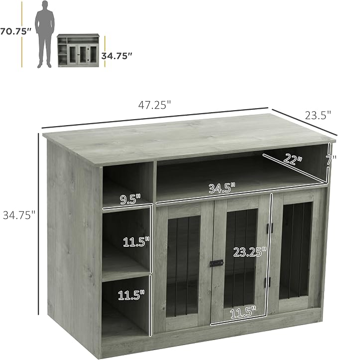 Dog Crate Furniture, 47" Indoor Dog Kennel and Pet Cage with Storage for Large and Medium Dogs, Furniture-Style Enclosure for Living Room or Bedroom, Gray