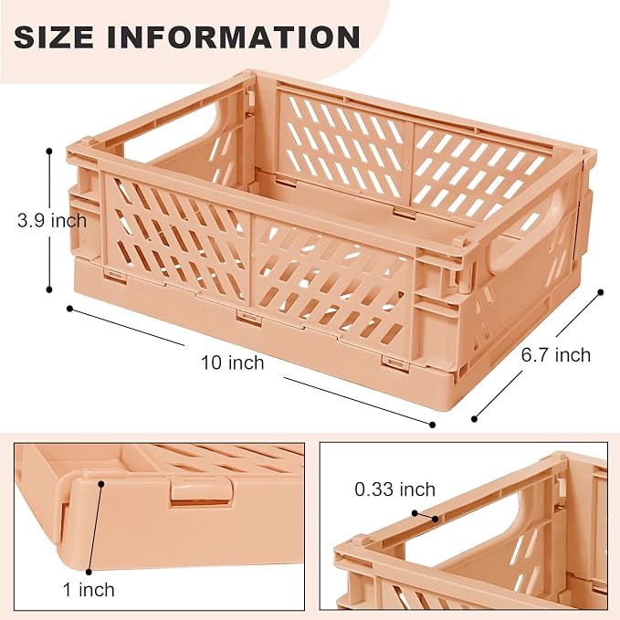 Tobeso-Nuoze Pastel Plastic Storage Baskets 2 Pack, Collapsible Crates | for Organizing, Space-Saving Bins for Kitchen, Office, Bedroom (Orange, Medium:9.8" x 6.5" x 3.8")