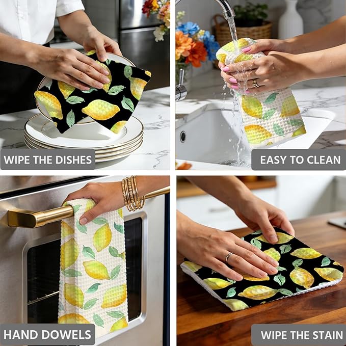 Lemon Kitchen Towels, Quick Dry Multipurpose Waffle Weave Hand Towels for Bathroom, Absorbent Reusable Cloth Tea Dish Towels for Home Decor, Lemon Lover Gift White and Black Background Towel Set of 2