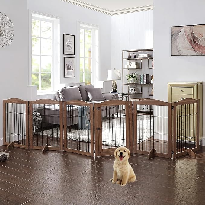 unipaws 132" Extra Wide Dog Gate and Pet Playpen with Walk Through Door | Free Standing Tall Dog Fence, Barriers for Home, Use as Indoor Dogs Cats Pen, Rabbit Pen, Walnut