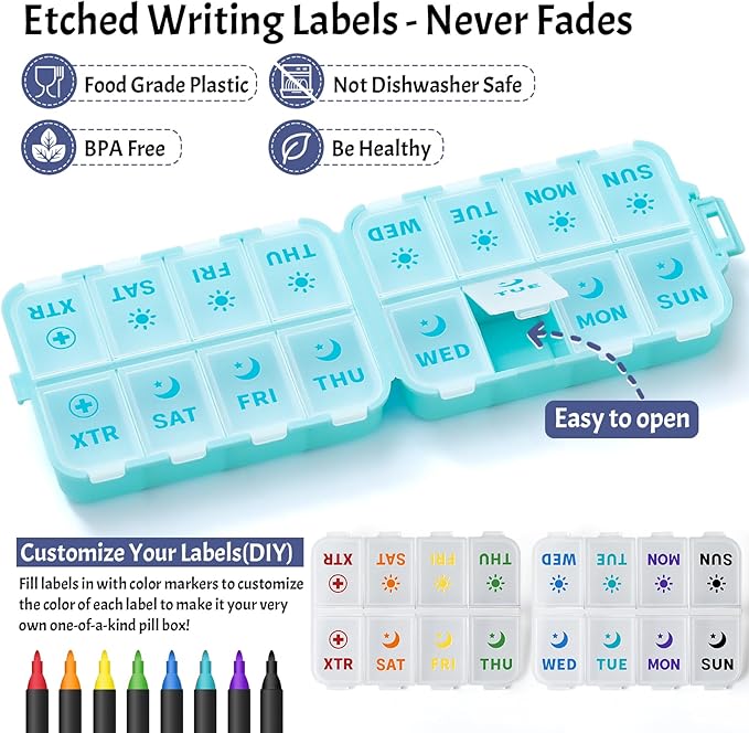 Foldable Weekly Pill Organizer 2 Times a Day with 2 Extra Compartments - Etched Labels - Portable 7 Day AM PM Medicine Box, Week Daily Travel Pill Case Holder for Vitamin, Supplement -Sky Blue