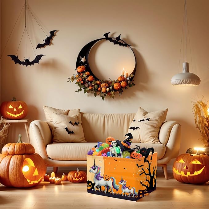 Halloween Basket Gift Cute Pumpkin Ghost Parties Decor Kid Trick or Treat Basket for Boys and Girls Rectangular Storage Bin Box (Unicorn Bat)