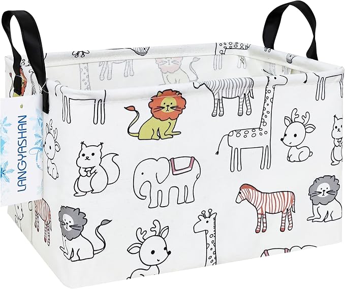 Rectangular Collapsible Simplified Zoo Storage Basket Nursery Organizer | Storage Bin Foldable Canvas with Handles for Organizing Home Kitchen Children Toys Office Closet Shelf Baskets
