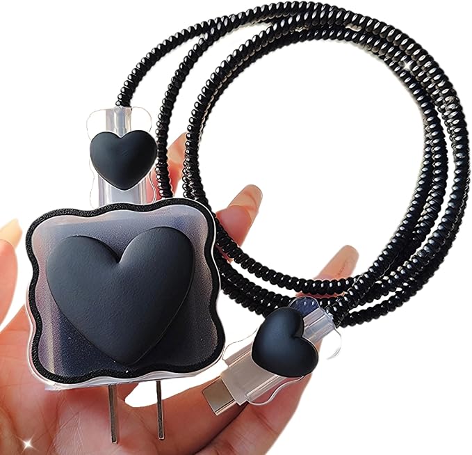 Cable Protector Charger Cover for iPhone iPad 18W/20W Charger Adapter,Kawaii Love Heart Charger Cord Protector,Soft Phone Cord Protector for iPhone iPad 18W/20W USB-C 1112 13 14 15 16 17 Pro Max-Black