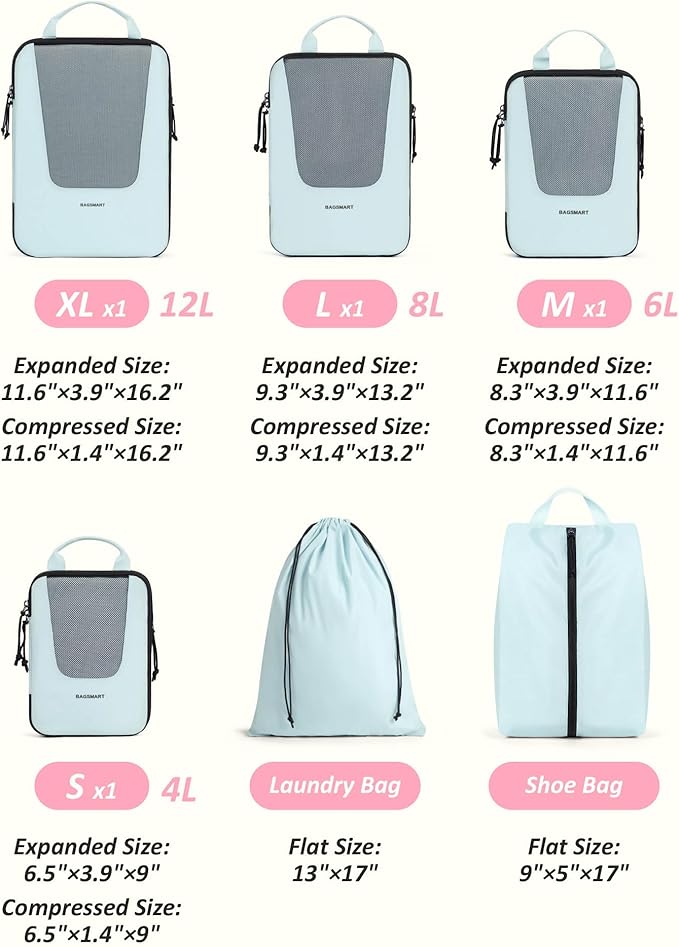 Bagsmart Compression Packing Cubes, Travel Bag Cruise Ship Essentials | Lightweight, Compressible Suitcase Organizer Set fit Standard Carry-On & Checked Luggage, 6 Set, 14 Set Washable Packing Bags