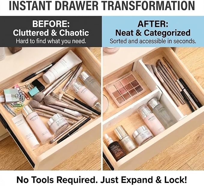 Adjustable Drawer Dividers, 3.1" High, 10.8-17.9", 6 Pack | Expandable organizer with non-slip locking mechanism & foam pads. Fits baby nursery, bathroom vanity & desk drawers.