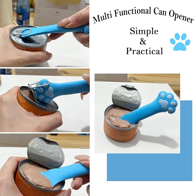 SIANE Cat Food Can Spoons & Can Lids | 4 Pcs | Colorful Multi-Function Opener | Universal Soft Silicone Pet Food Covers | Wet Food Spatula for Kittens and Dogs(Pink+Blue)