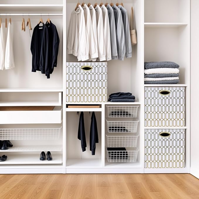 13x13x13 Storage Cube Bins, Collapsible Storage Bins Fabric Storage Cubes Organizer Baskets Box Drawers for Shelves, Closet, Wardrobe, Bookshelf, Cabinet, 4 Pack, White/Shiny Gold, AG4000202