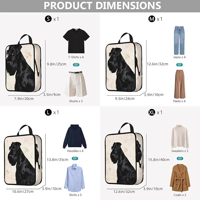 Black Schnauzer Portrait Compression Packing Cubes Set Of 4, Lightweight Expandable Travel Organizer Bags With Double Zipper For Vacation Business