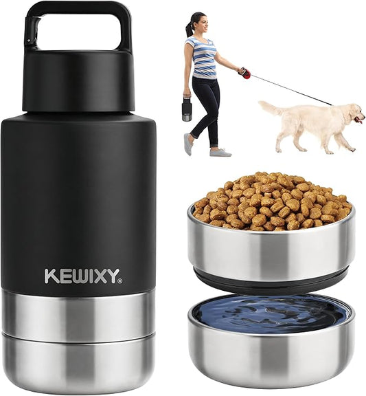 KEWIXY Insulated Dog Travel Water Bottle with Detachable Bowls, 3 in 1 Portable Dog Water Bottle Dispenser, Dog Accessories for Walking, Hiking, Camping, Outdoor (Black, 32 Oz)