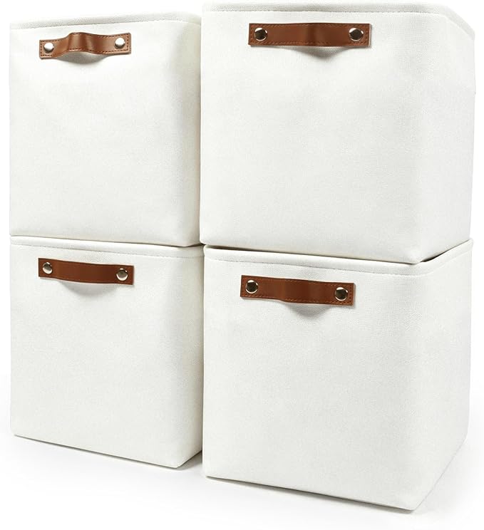 Bagnizer Collapsible Fabric Storage Cubes 11x11 Cube Storage Bins, 4 Pack Closet Baskets Box with Handles for Organizing, Shelf, Toys, Clothes, Home, Office, Nursery (White)