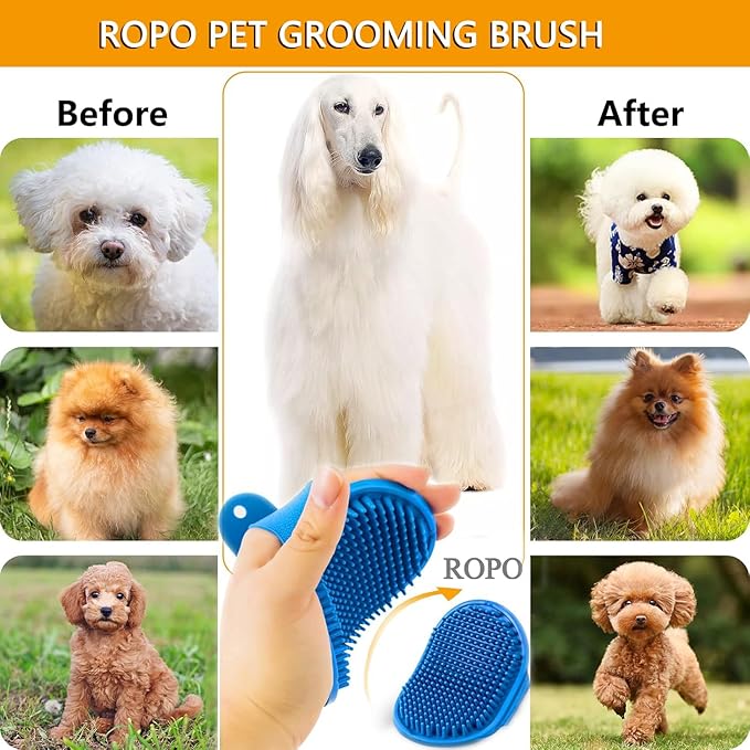 ROPO Dog Bath Brush, Dog Shampoo Brush With Adjustable Ring Handle Long Bristles, Upgraded Version Anti-Slip Back & Strap, Pet Grooming Brush for Dogs & Cats 2pcs