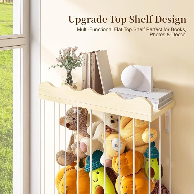 Adjustable Stuffed Animal Storage with Shelf (Patented) - Large Wooden Hanging Plush Toy Organizer - Corner Stuffy Animals Hammock Net Holder for Kids Room, Nursery, Bedroom