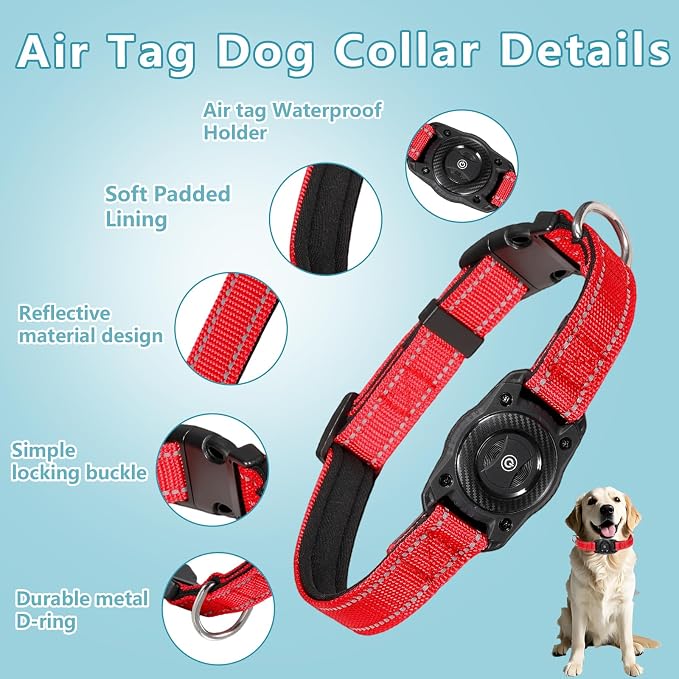 1Pc Air Tags Dog Collar Tracker, Waterproof Pet Collar Location Tracker with Air-Tag Chip for Apple Find My (iOS only) (Red, S)