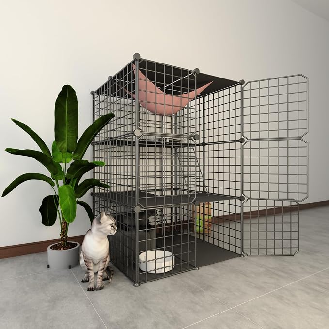 Indoor Cat Cage Enclosure DIY,Cat Playpen Catio Thick Metal Wire Kennels for 1-3 Cats Kitten Cage Detachable Patio Cat Crate （Only Cage）