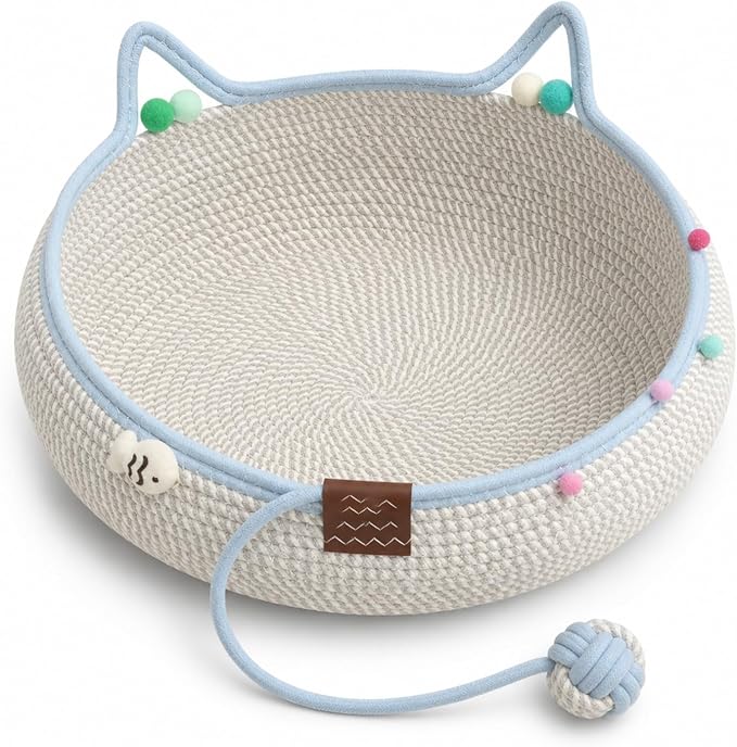 Cat Basket Bed with Cushion and Hanging Ball Toy, Handwoven Cotton Rope Cat Bed Basket, Boho Nesting Pet Bed for Kittens Puppies Scratchable Woven Cat Nest Lounger Sleeping & Playing，B：Small