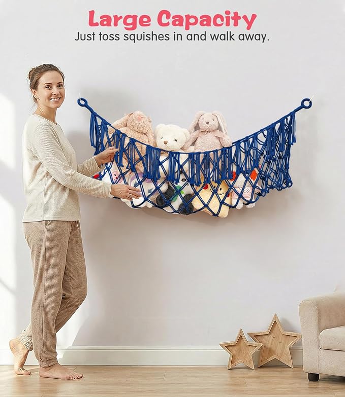 Stuffed Animal Net Hammock, Save Space Eliminate Clutter (Sapphire Blue) | Premium Cotton Hand-knitted plush hammock, Boho Stuffed Animal Storage for Nursery, Bedroom Decor, playrooms