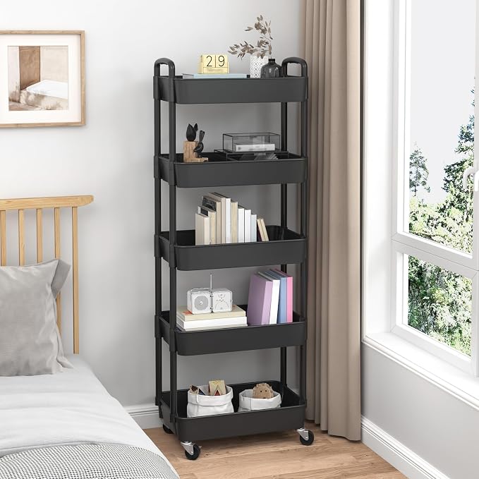 Sywhitta 5-Tier Plastic Rolling Utility Cart with Wheels,Black | Multi-Functional Storage Trolley, for Office, Living Room, Kitchen, Bathroom,Movable Organizer,Space-Saving,Easy to assemble