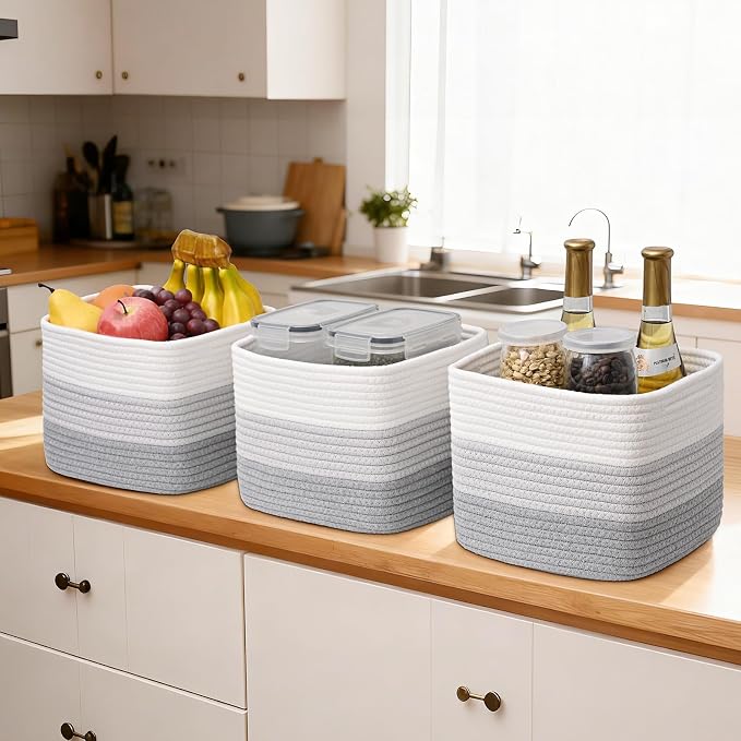3 Pack Cube Storage Bin, 9”x9”x7” Cotton Rope Woven Baskets for Organizing Toys Clothes Towels, Square Gift Storage Baskets for Shelves, Nursery, Closet, Bathroom, Pantry (Gradient Grey)