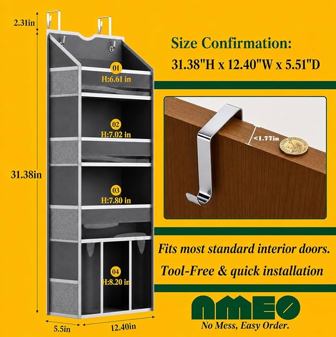 Over the Door Organizer, Compact Hanging Storage for Nursery Bathroom | 4-Tier Door Organizer with 8 Mesh Side Pockets, for Closet Bedroom Dorm Small-Space Storage, Anti Tilt Design, 35lbs Load