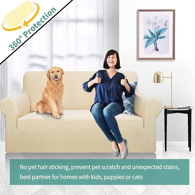 YEMYHOM Couch Cover Latest Jacquard Design High Stretch Sofa Covers for 2 Cushion Couch, Pet Dog Cat Proof Loveseat Slipcover Non Slip Magic Elastic Furniture Protector (Medium, Beige)