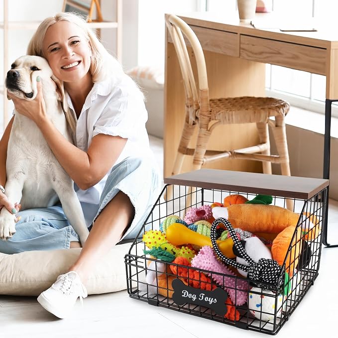 Metal Dog Toy Basket, Medium Dog Toy Box for Living Room Area ﻿ | Chew Proof Dog Toy Bin for Dog Accessories, Wire Basket for Pet, Dog Storage Organizer with Wood Shelf,(11.8"x12"x8")