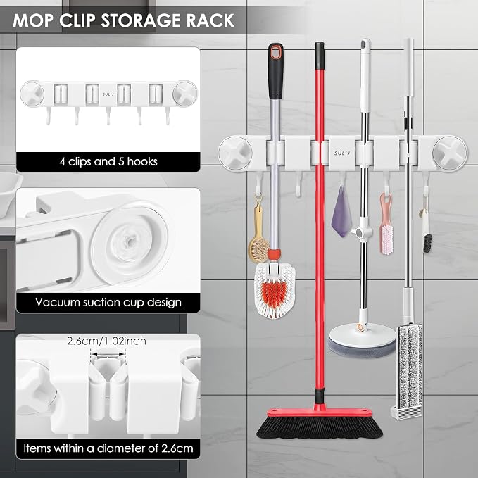 Broom Holder Wall Mount Sturdy Mop and Broom Organizer with 4 Racks and 5 Hooks Vacuum Suction Cup Broom Mop Holder for Home, kitchen, Garden, Tools, Garage