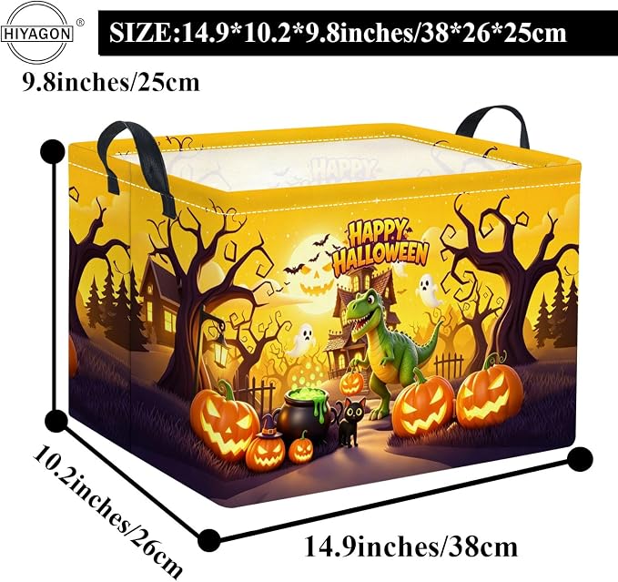 Rectangular Halloween Basket for Boys and Girls Kids Trick or Treat Pumpkin Basket for Halloween Parties Cute Storage Bin Organizer Box Room Decor(Halloween Dinosaur)