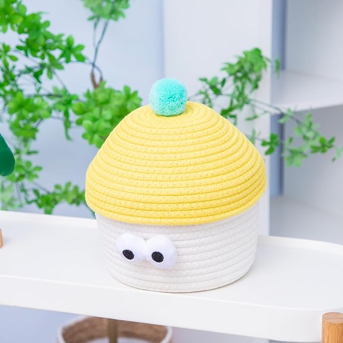 Cartoon Big Eye Cotton Rope Storage Basket with Lid, for Kids Room, Living Room, Bedroom, (Yellow)