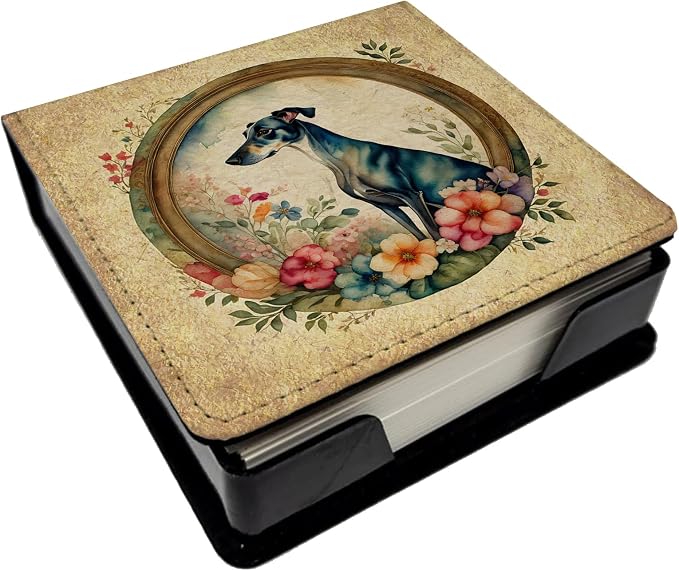 Caroline's Treasures Greyhound and Flowers PU Leather Note Paper Holder with Artist-Designed Cover, Desk Accessory, Office Gift