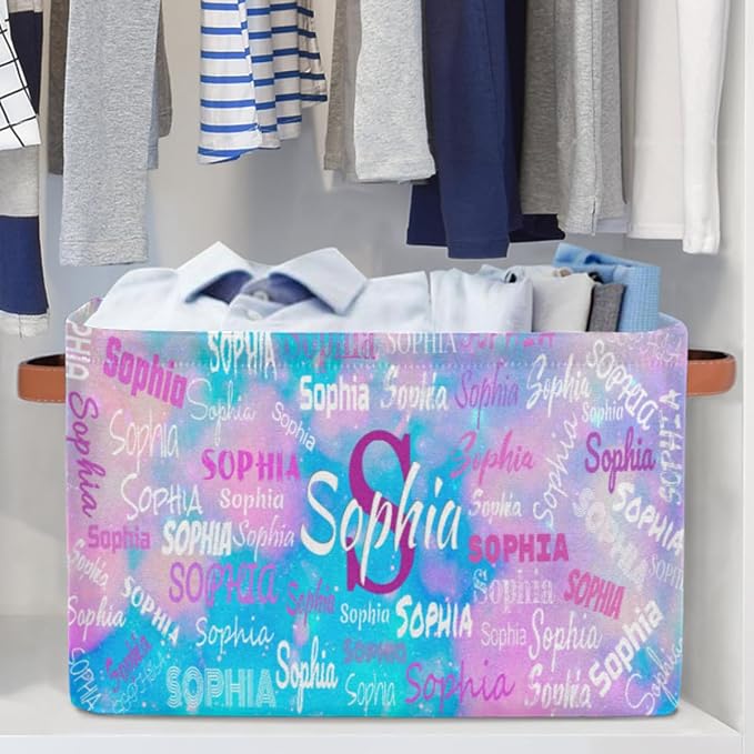 Personalized Storage Bins, Customized Name Storage Basket Rectangle Clothes Organizer for Organizing Kids and Pets Toys Shelf Closet, Blue Pink Galaxy Watercolor