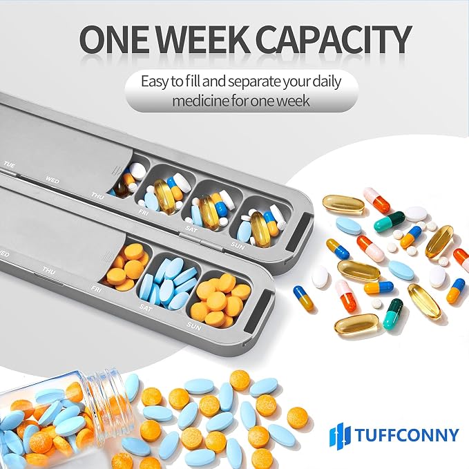 Weekly Pill Organizer - Travel Medicine Organizer, Pill Boxes and Organizer 2 Times a Day, 7 Day Pretty Pill Case, Pill Holder for Vitamins, Medicines and Tablets (Elegant Gray)