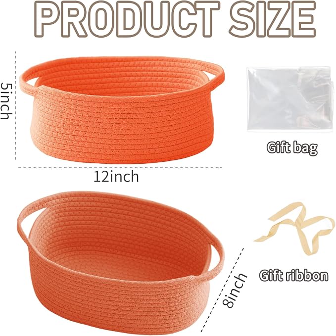 JMvicyroam Small Woven Basket, Empty Gift Basket, Orange/2 Pack | Small Gift Basket, Cotton Rope, 12 x 8 x 16 in, Handles, Includes Ribbon and Bag, Birthday Gift Basket