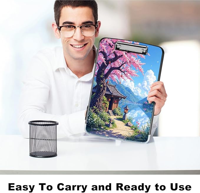 A4 Clipboard with Storage Pen Holder, Clipboards Organizer Nursing Clipboard Foldable File Folder Plastic Clipboard Folio Clip Board for Office Work Classroom Doctor, Pink Flower Brook