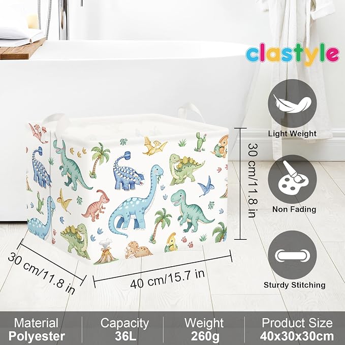 Clastyle Boho Dinosaur Laundry Basket Palm Tree Kids Clothes Book Storage Basket Gift Toy Box for Bedroom Decor,Pterosaur,40x30x30 cm | Large Storage Basket for Toys Clothes Books, 25kg Load Capacity, Freestanding, Waterproof, Collapsible
