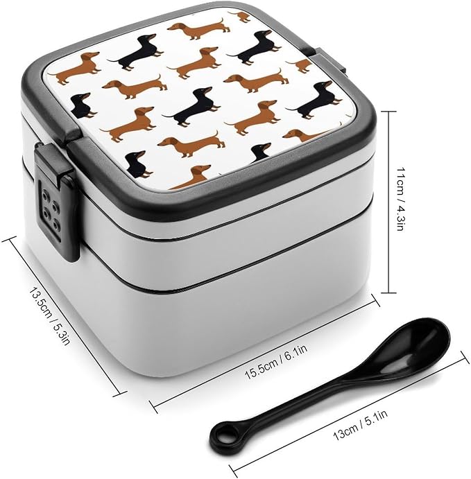 Dachshund Weiner Pet Dogs Double Layer Bento Box, 1000ml Stackable Leakproof Lunch Container with Spoon, Portable 2-Tier Food Storage Box for Office Work Picnic Camping and Travel