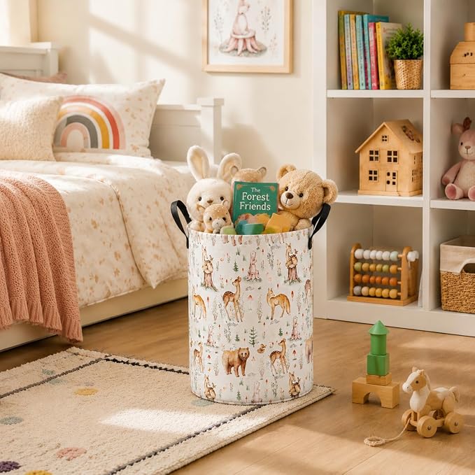 MAIZMZ Woodland Animal Storage Bin, Waterproof Lining Laundry Basket with Leather Handles for Kids Room, Gifts