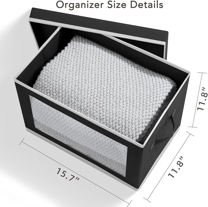 Storage Boxes with Lids - 4 Pack Fabric Clear Window Storage Bins, Large Decorative Storage Bins with Handles, Linen Closet Organizer for Clothes, Towel, Blanket, Black
