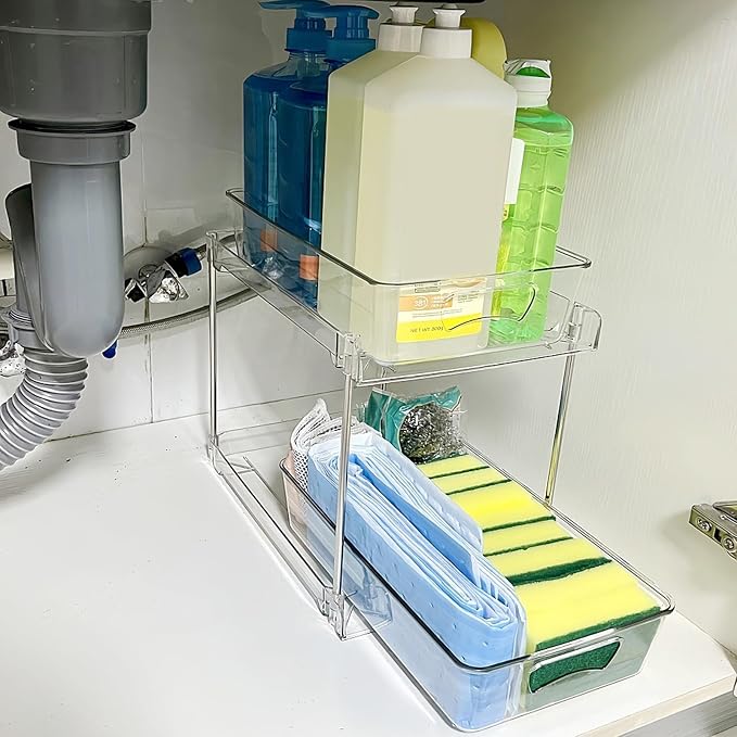 Under Sink Organizer Bathroom 2-Tier Pull-Out Cabinet Storage Sliding | Vanity Organizer for Laundry Room Pantry Vanity Office Home Apartment Cleansing Supplies Cosmetics Toiletries