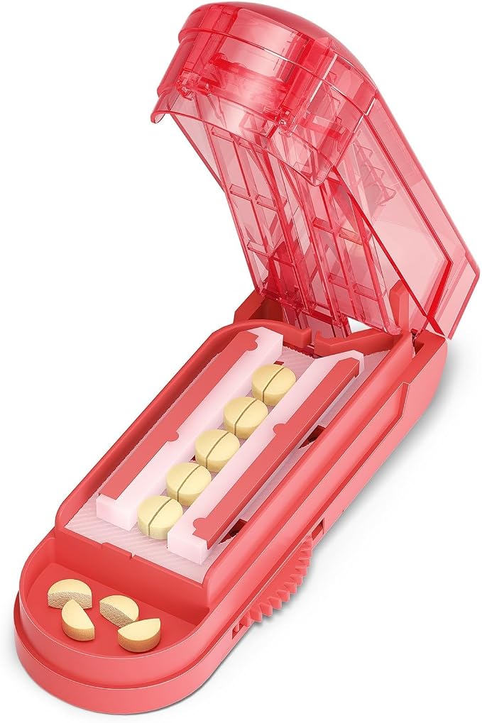 ONE PIX Pill Cutter Splitter for Small and Tiny Pills, Multiple Pill Splitter with Centering Device & Hidden Blade, Adjustable Tablet Cutter for Large Pills, Seniors, Pets, Red