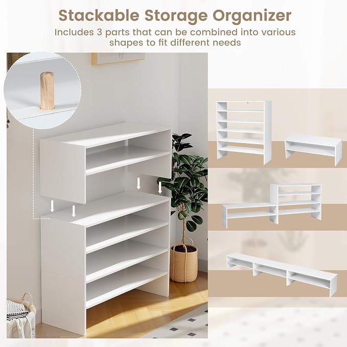COSTWAY 6-Tier Shoe Rack, Extra Wide Shoe Shelf Organizer | Stackable Design, 31" Freestanding Storage Shoe Stand for Small Space Entryway Hallway Closet (White)