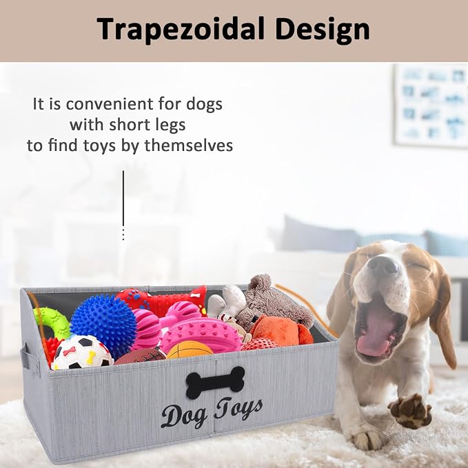 Large Dog Toy Basket Collapsible Dogs Toy Box Fabric Trapezoid Dog Toys Bin Storage for organizing pet Toys/Blankets/leashes/Rope Toys/Clothing-Can be Personalized-Slub Gray
