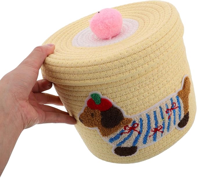 Milisten Cute Dog Shaped Car Storage Basket with Dustproof Lid, Large Capacity Woven Cotton Rope Organizer for Pet and Items, for Car Interior Use