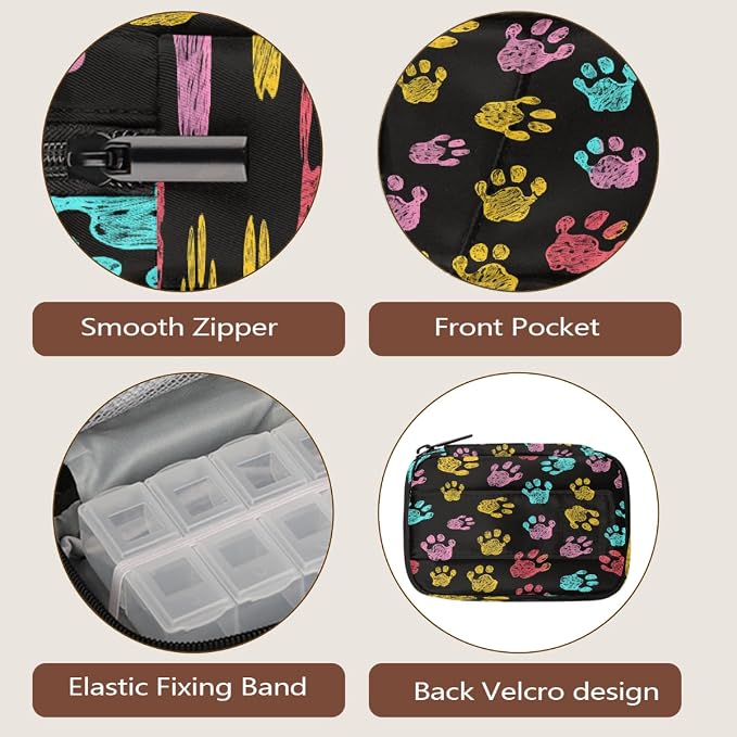 Weekly Pill Organizer Travel Size Bag with Removable 7 Day Pill Box Portable Vitamin Case Purse with Zipper,Pastel Pet Paws Black